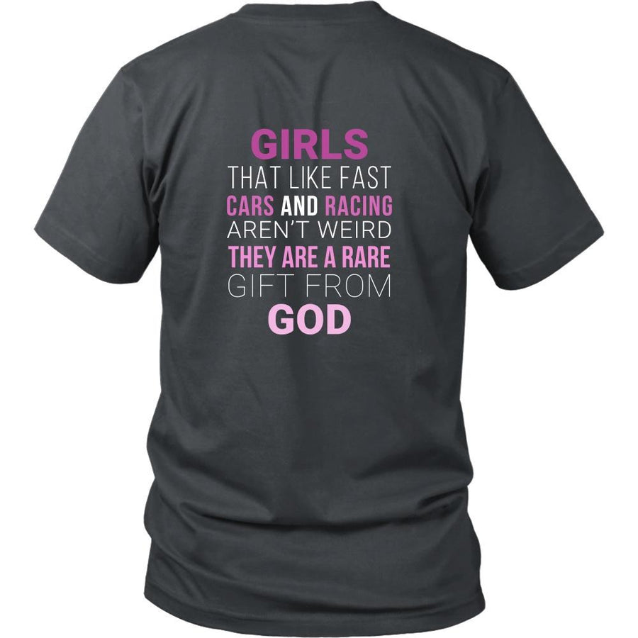 Drag Racing T Shirt Back - Girls that like fast cars and racing aren't weird