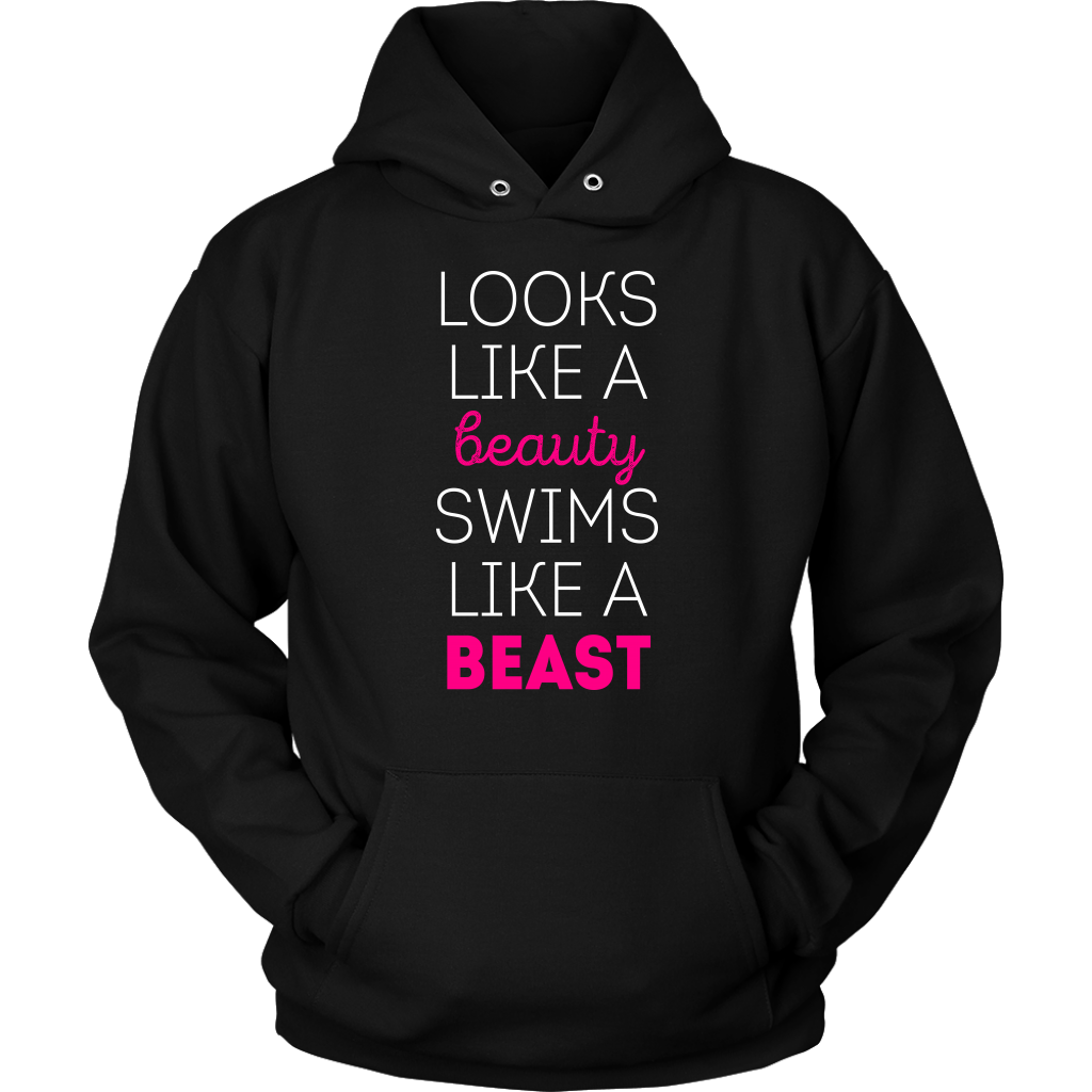 Swimming T Shirt - Looks like a beauty swims like a beast, Neon Pink-T-shirt-Teelime | shirts-hoodies-mugs