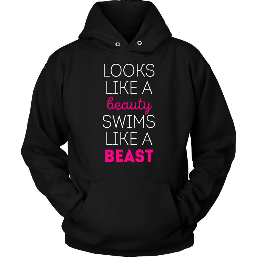 Swimming T Shirt - Looks like a beauty swims like a beast, Neon Pink-T-shirt-Teelime | shirts-hoodies-mugs