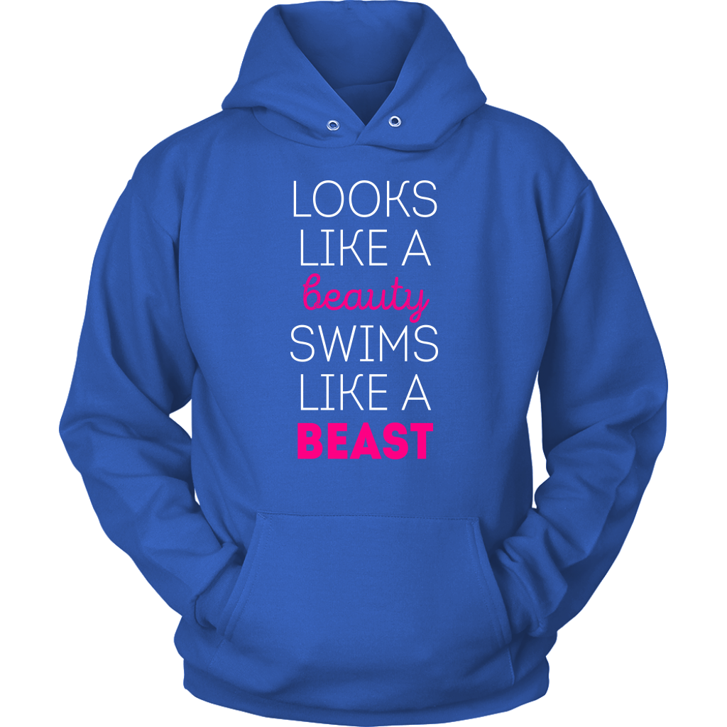 Swimming T Shirt - Looks like a beauty swims like a beast, Neon Pink-T-shirt-Teelime | shirts-hoodies-mugs