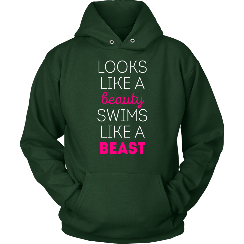 Swimming T Shirt - Looks like a beauty swims like a beast, Neon Pink-T-shirt-Teelime | shirts-hoodies-mugs