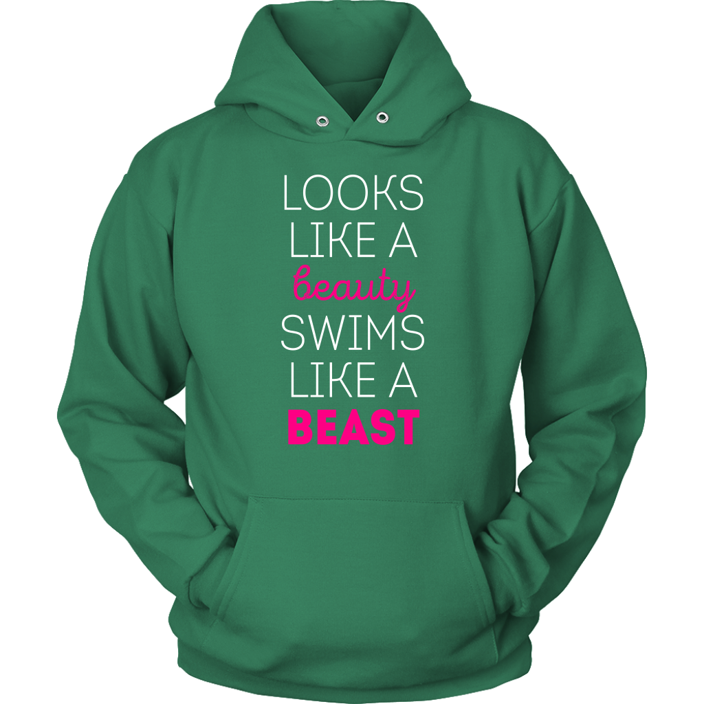 Swimming T Shirt - Looks like a beauty swims like a beast, Neon Pink-T-shirt-Teelime | shirts-hoodies-mugs