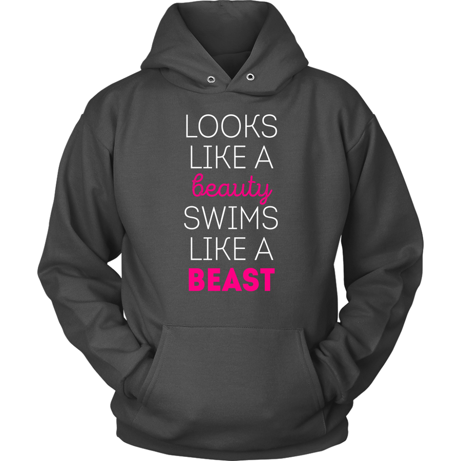 Swimming T Shirt - Looks like a beauty swims like a beast, Neon Pink-T-shirt-Teelime | shirts-hoodies-mugs