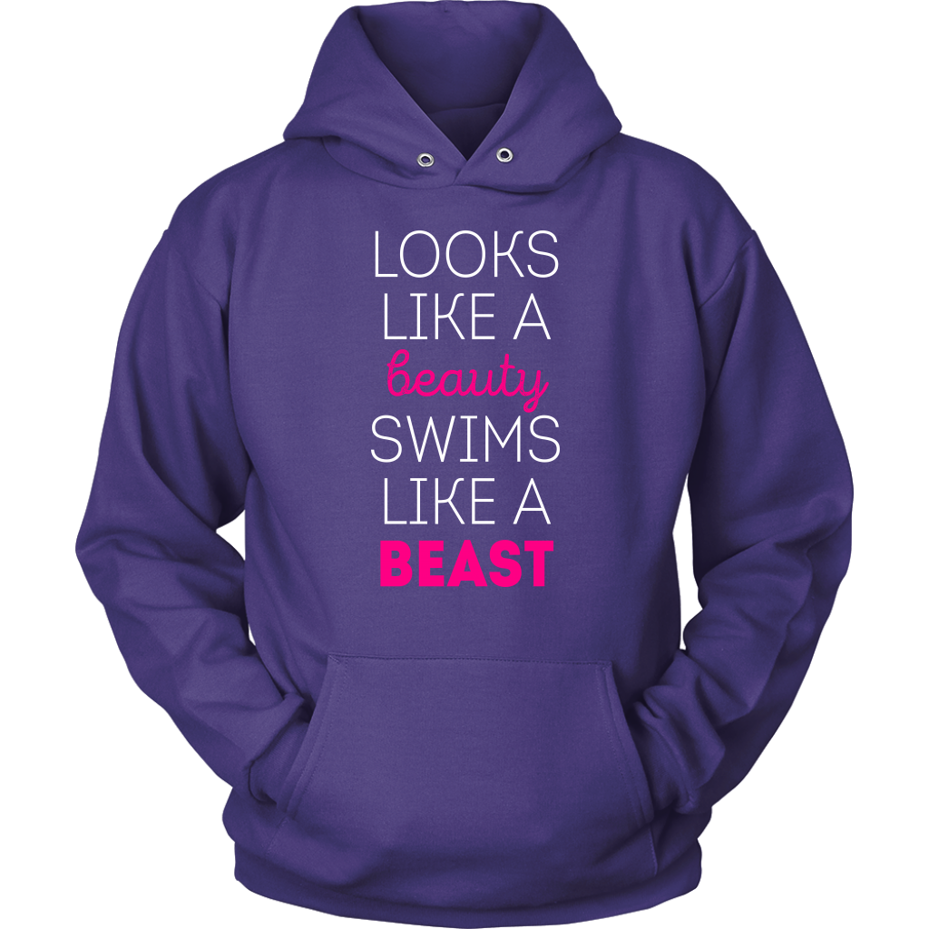 Swimming T Shirt - Looks like a beauty swims like a beast, Neon Pink-T-shirt-Teelime | shirts-hoodies-mugs