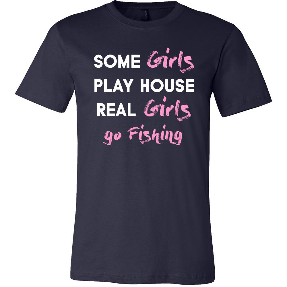 Fishing Shirt - Some Girls Play House Real Girls Go Fishing- Hobby Lady District Womens V-Neck / Charcoal / 3XL