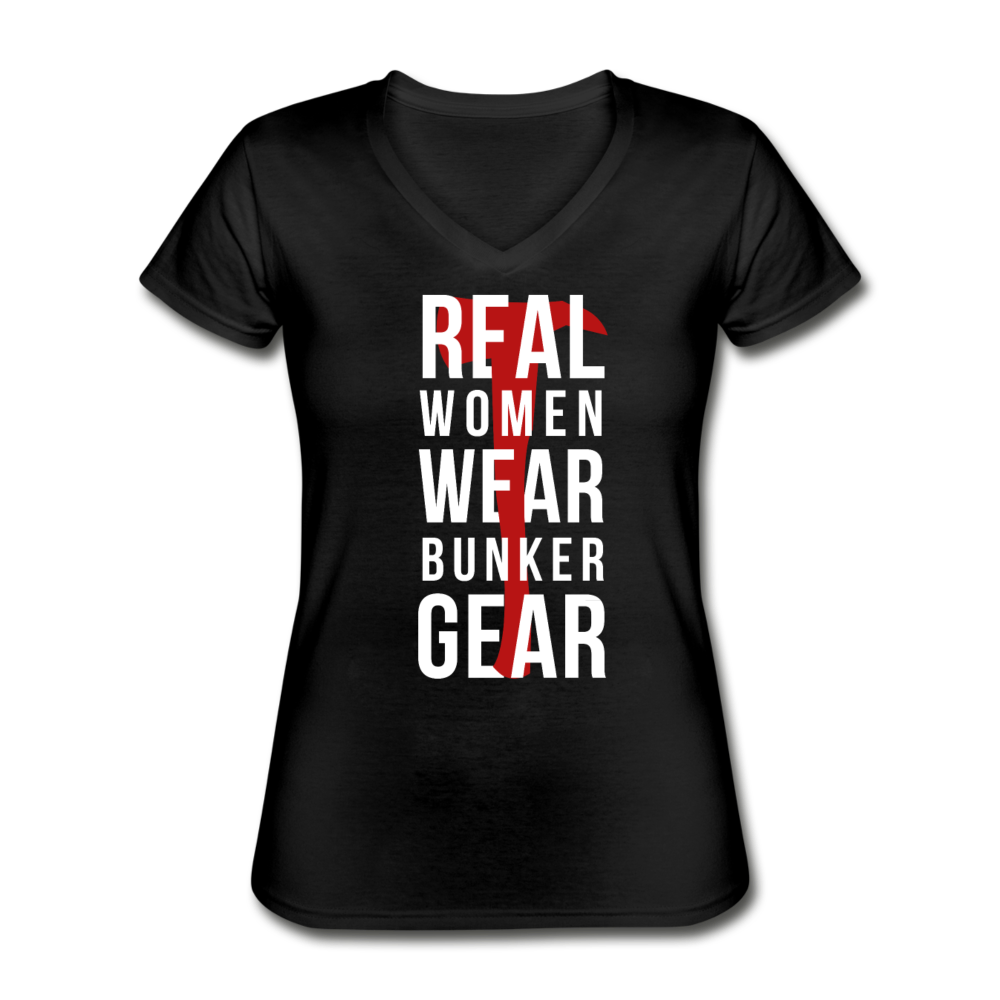 Firefighter - Real women wear Bunker Gear Women's V-Neck T-Shirt-Women's V-Neck T-Shirt-Teelime | shirts-hoodies-mugs