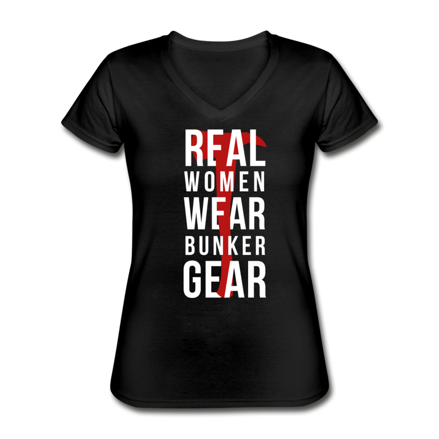 Firefighter - Real women wear Bunker Gear Women's V-Neck T-Shirt-Women's V-Neck T-Shirt-Teelime | shirts-hoodies-mugs