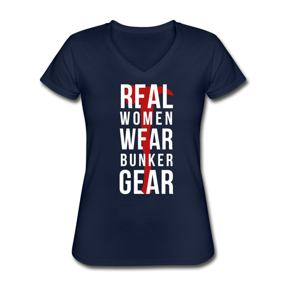 Firefighter - Real women wear Bunker Gear Women's V-Neck T-Shirt-Women's V-Neck T-Shirt-Teelime | shirts-hoodies-mugs