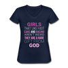 Drag Racing - Girls That Like Fast Cars and Racing Aren't Weird Women's V-Neck T-Shirt-Women's V-Neck T-Shirt | Fruit of the Loom L39VR-Teelime | shirts-hoodies-mugs