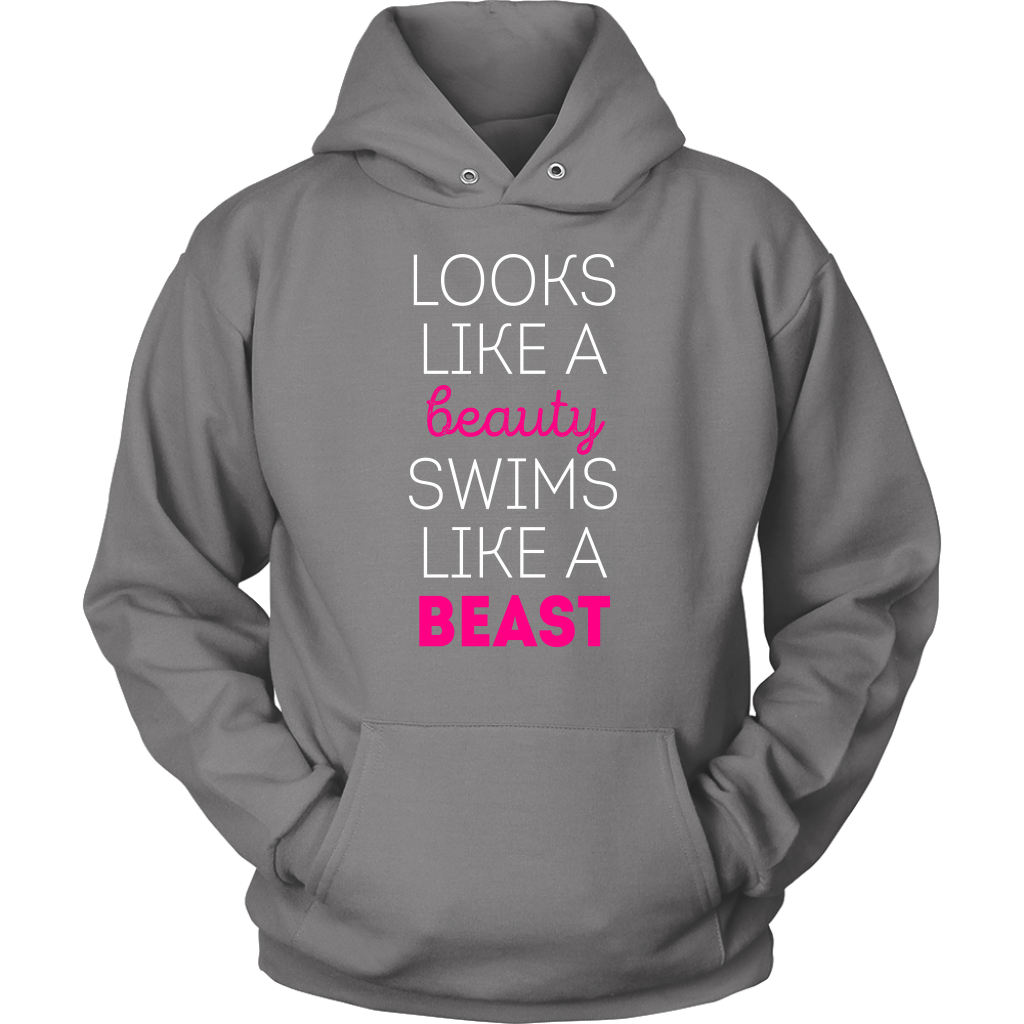 Swimming T Shirt - Looks like a beauty swims like a beast, Neon Pink-T-shirt-Teelime | shirts-hoodies-mugs