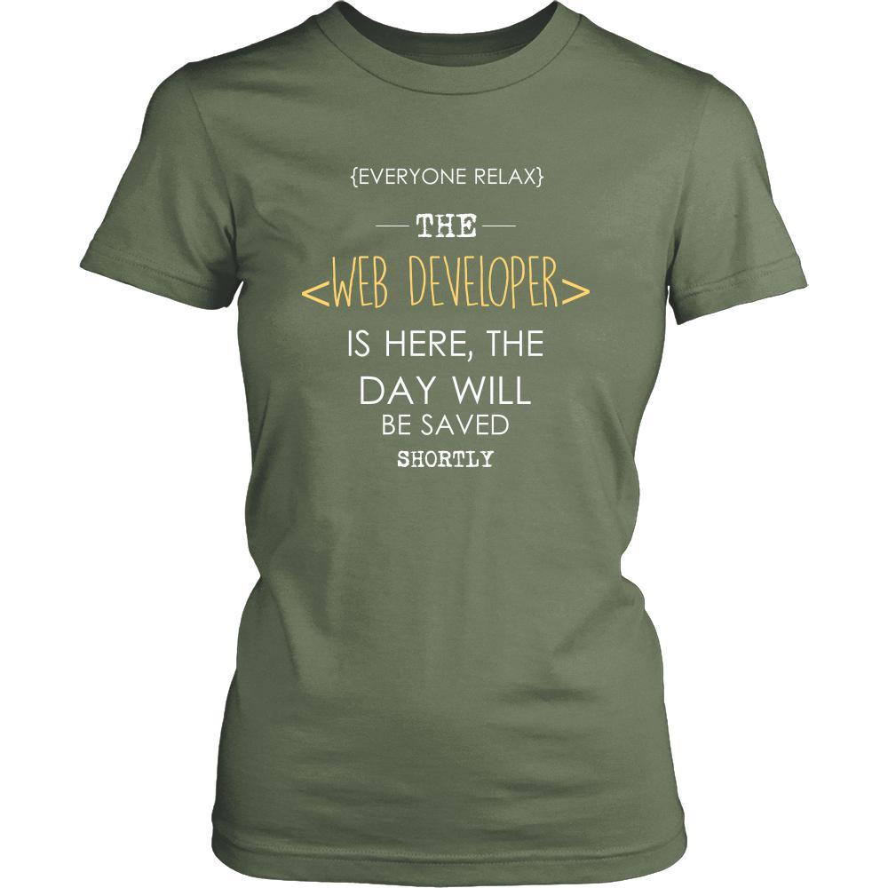 Web developer Shirt - Everyone relax the Web developer is here, the day will be save shortly - Profession Gift-T-shirt-Teelime | shirts-hoodies-mugs